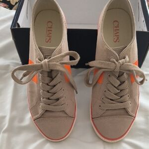 Chaps Women's Beige With Bright Orange Stripe Canvas Sneakers Size 7